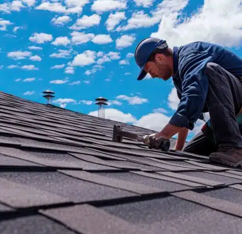Roofer inspecting and repairing roof Repair work, residential, commercial, roofing materials, safety precautions, skilled labor, contractor, expertise, professional service Generated by AI