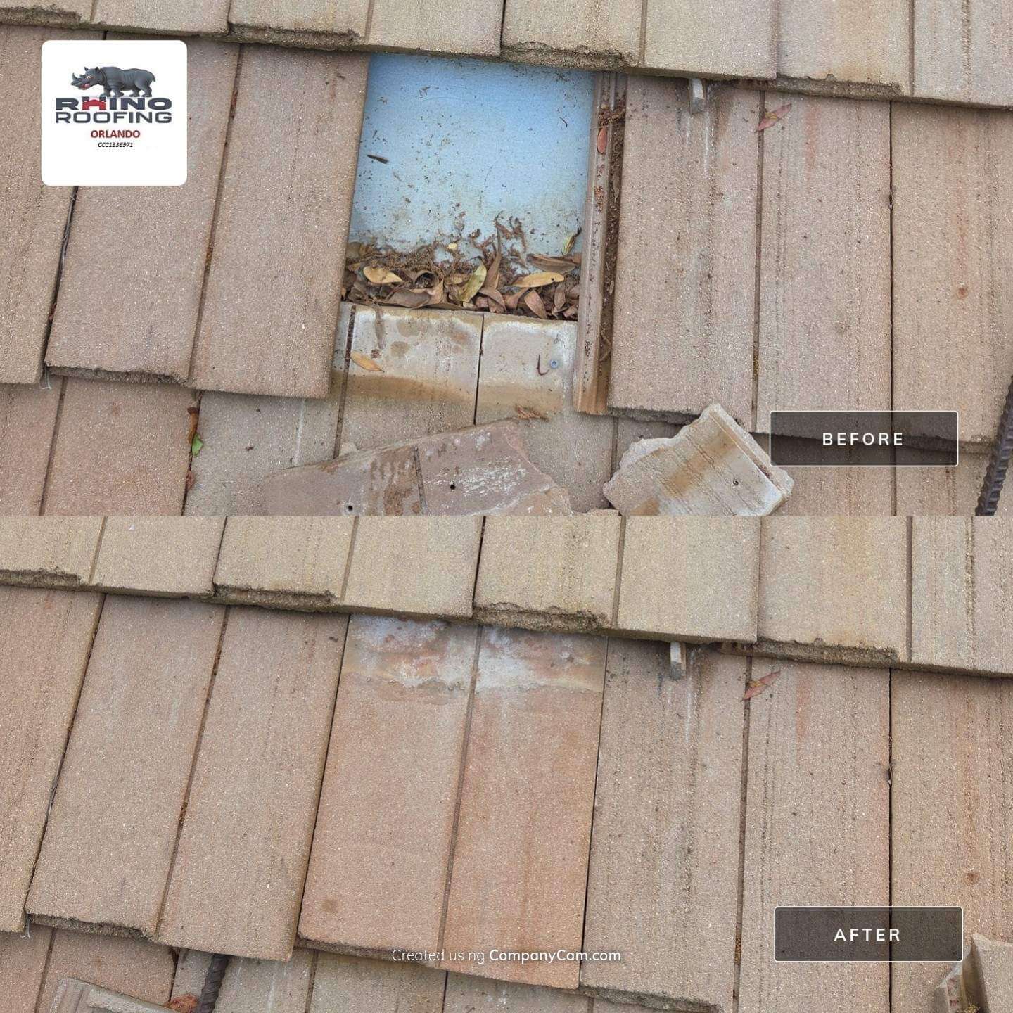 Before and after tile roof repair in Orlando, FL, where broken and displaced concrete tiles were replaced by Rhino Roofing