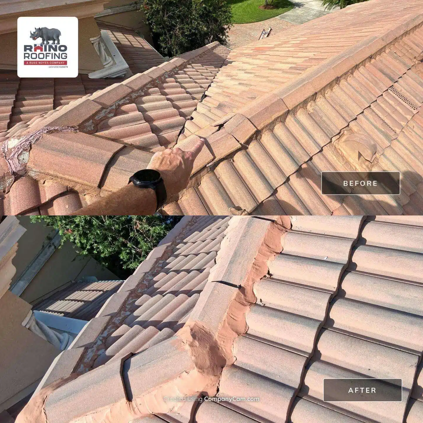 Tile ridge cap repair in Seminole County by Rhino Roofing