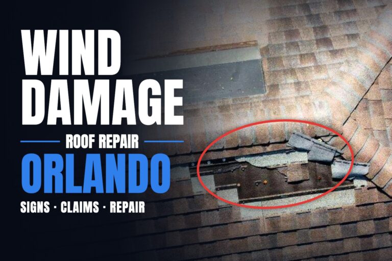 Wind damage roof repair in Orlando, FL: shingle roof with blown-off shingles circled