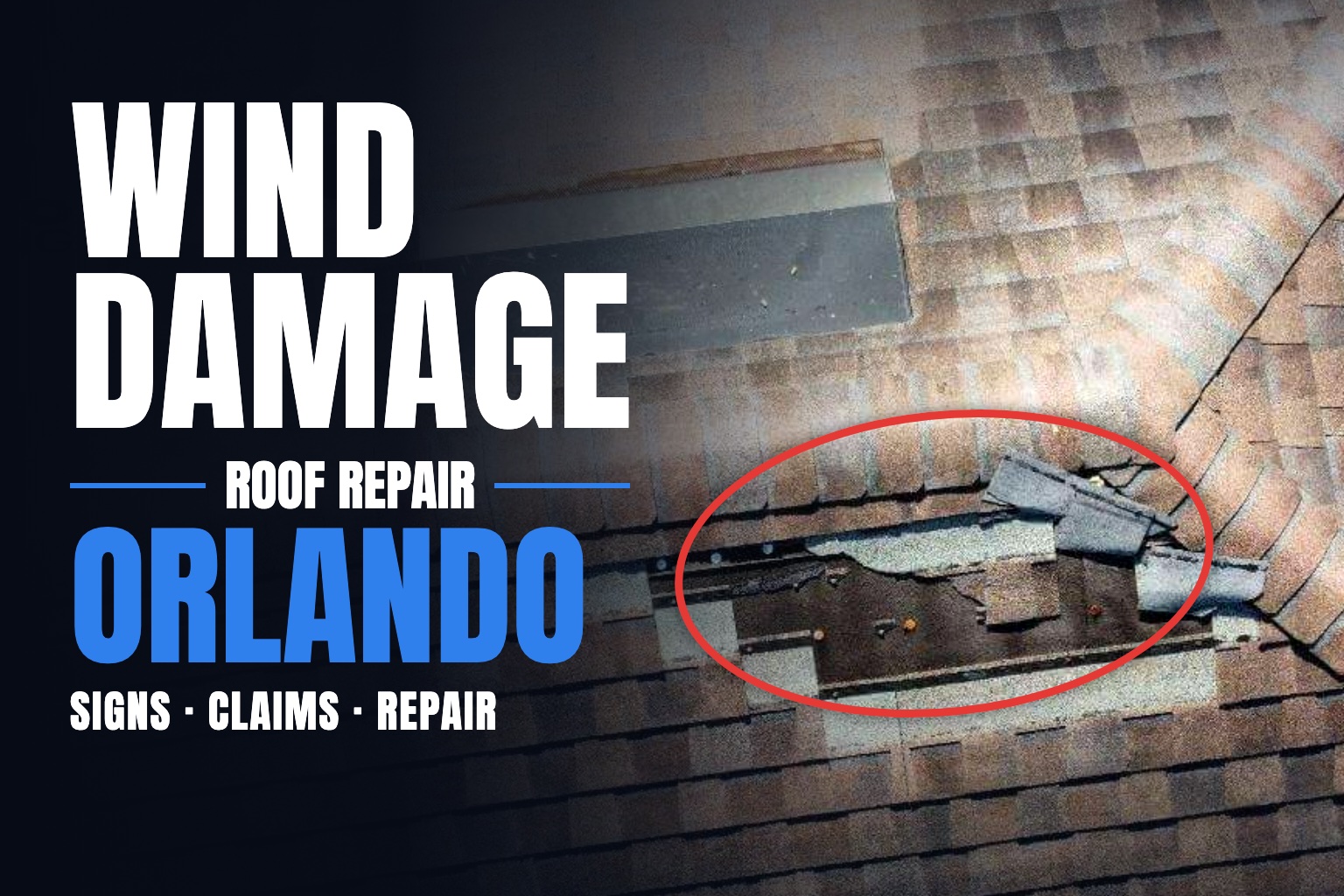 Wind damage roof repair in Orlando, FL: shingle roof with blown-off shingles circled